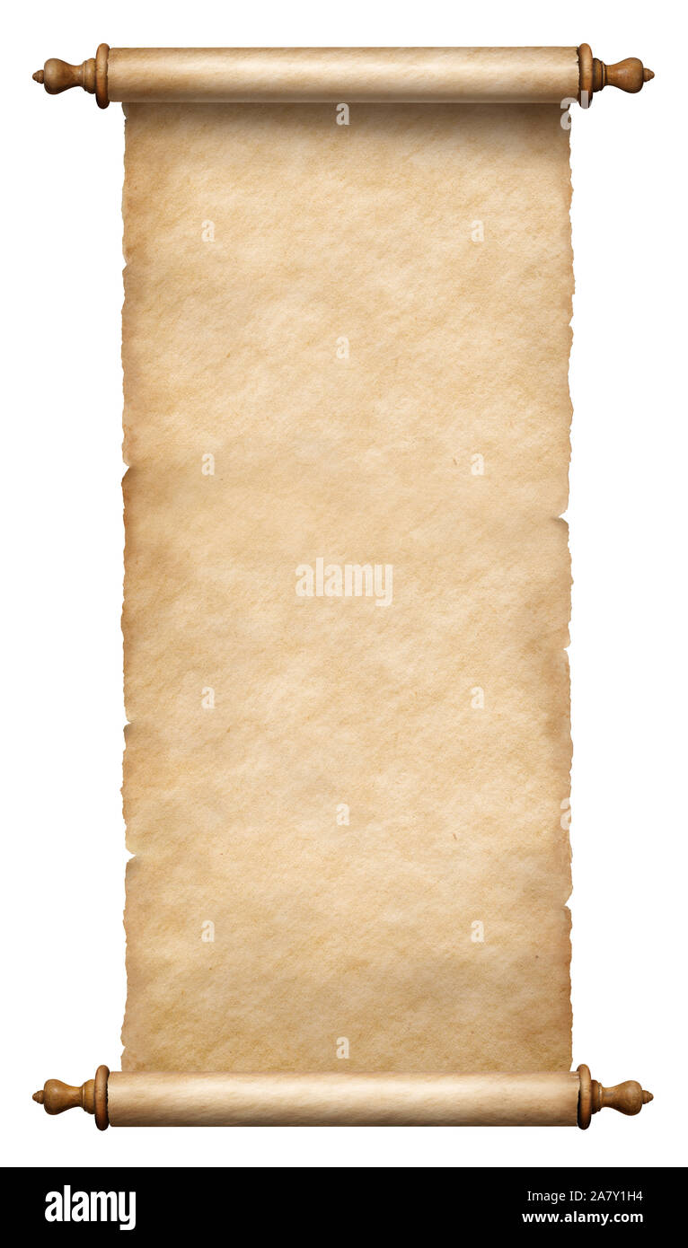 old vertical paper scroll or parchment isolated on white Stock Photo