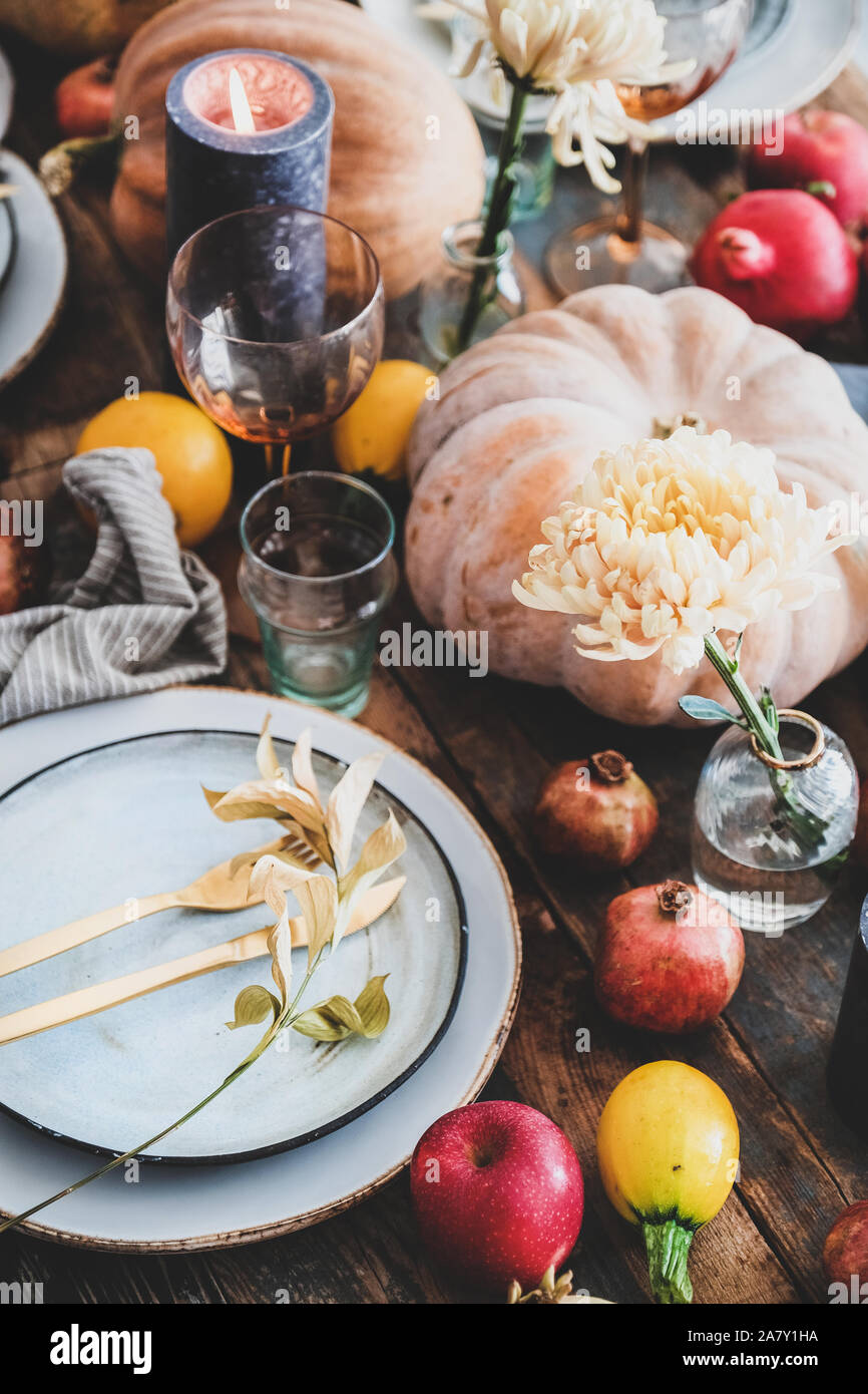 Fall table setting for Thanksgiving day party, close-up Stock Photo - Alamy