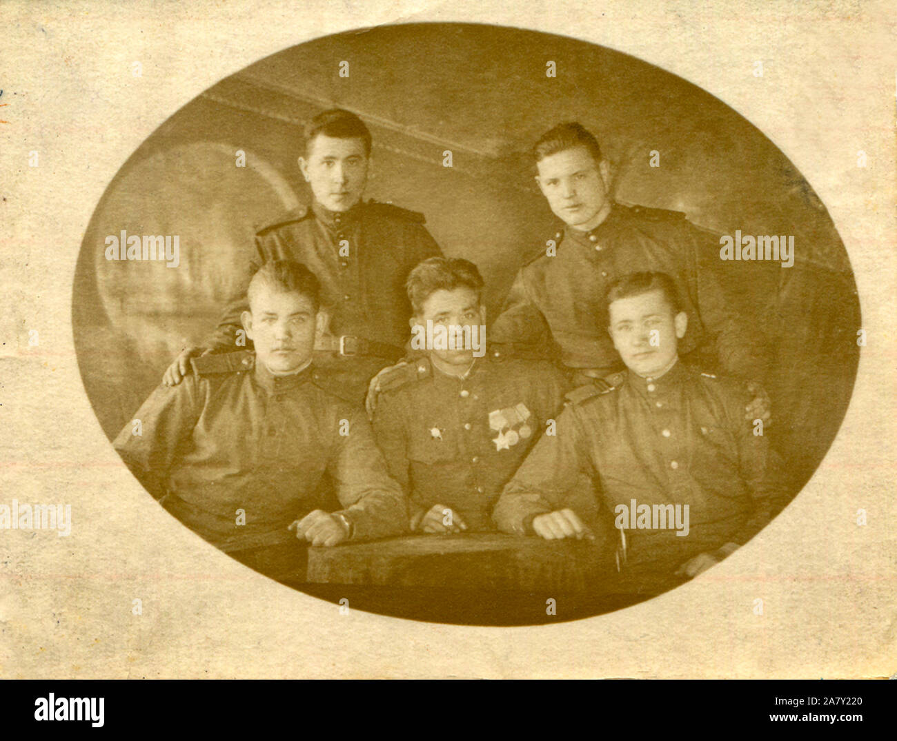 1946 year. Red Army. Manchuria .China. Five men in uniform were photographed for memory. THE USSR. Stock Photo