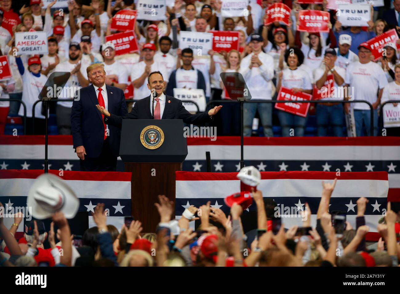 11042019 - Lexington, Kentucky, USA: United States President Donald J. Trump campaigns for Kentucky Governor Matt Bevin, right, and other Republican political candidates during a Keep America Great rally, Monday, November 4, 2019 at Rupp Arena in Lexington, Kentucky. Kentucky has an election Tuesday, and the governor's race is close. Stock Photo