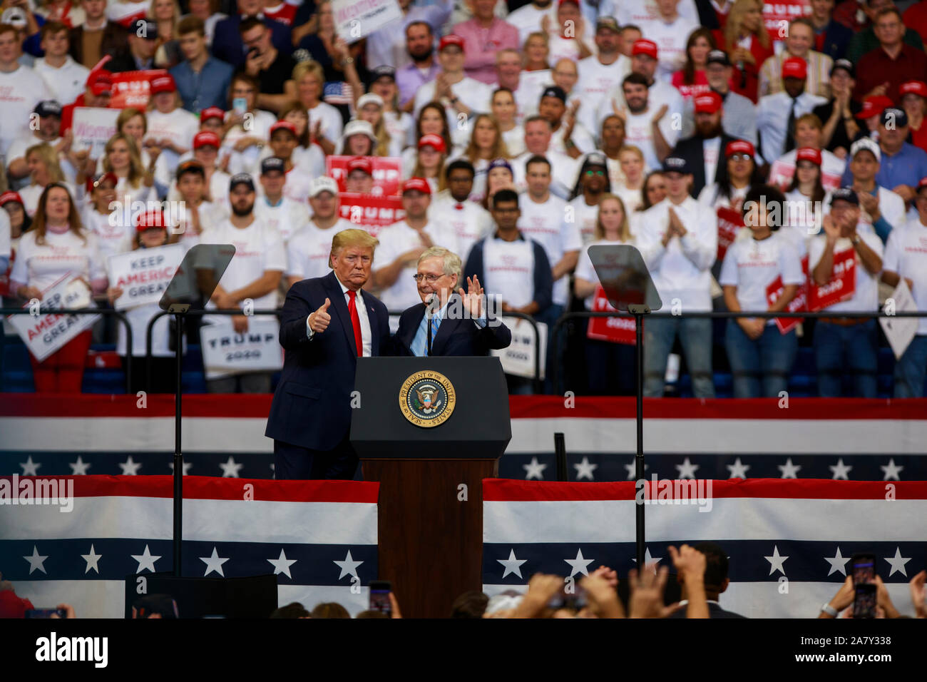 11042019 - Lexington, Kentucky, USA: United States President Donald J. Trump campaigns with Senate Majority Leader Mitch McConnell (R-Ky.) during a Keep America Great rally, Monday, November 4, 2019 at Rupp Arena in Lexington, Kentucky. McConnell said his new motto is, "Leave No Vacancy Behind." Stock Photo