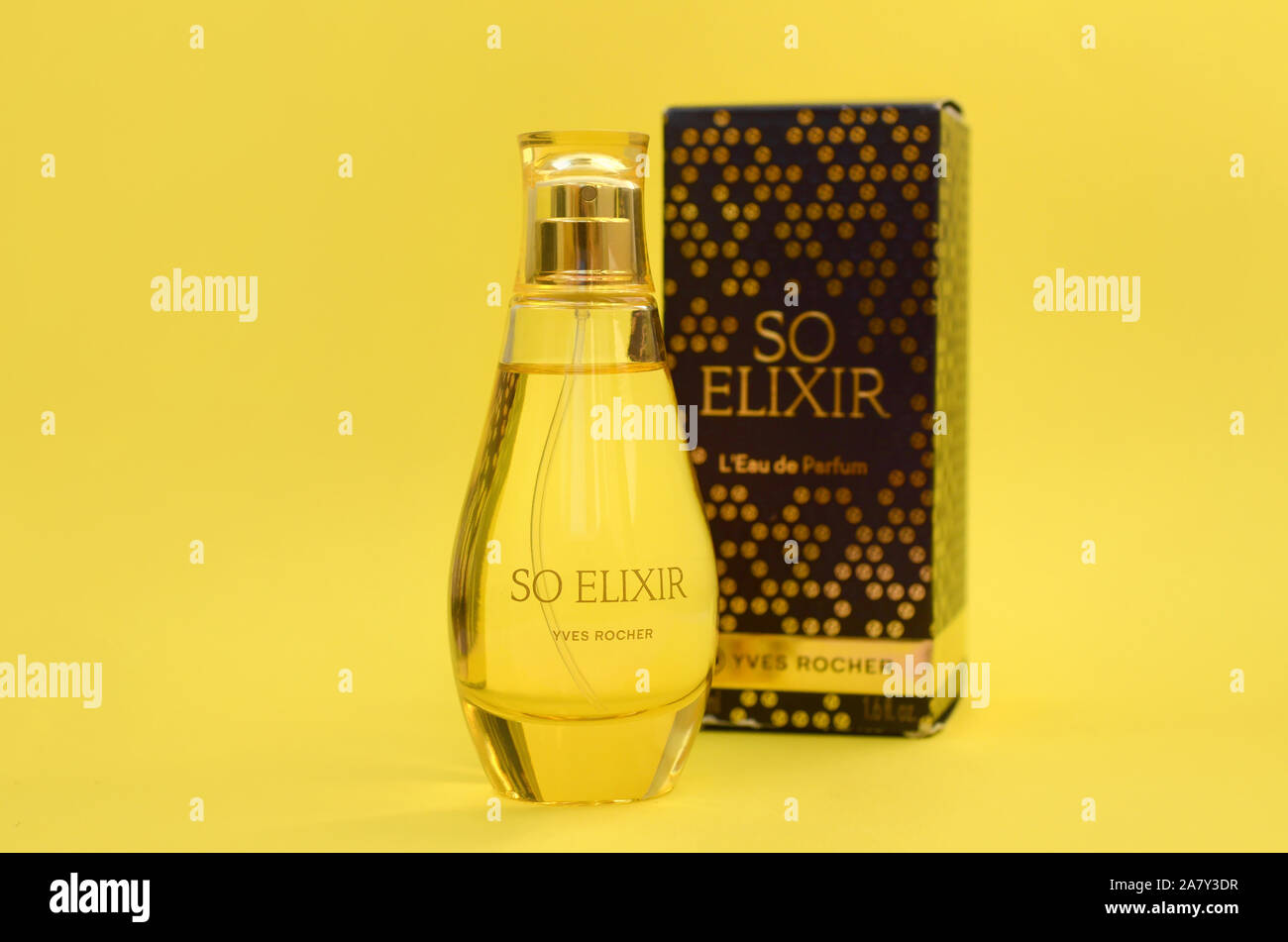 KHARKOV, UKRAINE - OCTOBER 21, 2019: Bottle of So Elixir perfume by Yves  Rocher on bright yellow color background. Yves Rocher was pioneer of modern  u Stock Photo - Alamy