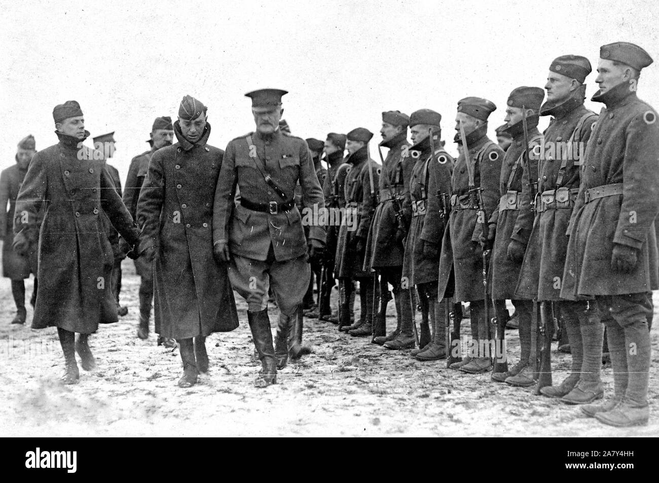 General John J. Pershing, Commander in Chief, A.E.F., and others, inspecting troops of 37th Division, at Presentation and Review Ceremony. Alencon, Sarthe, France ca. 1/28/1919 Stock Photo