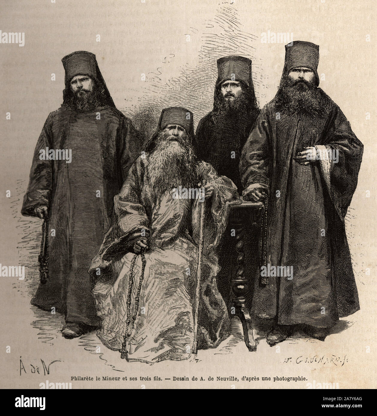 Philarete Ouchka, dit le mineur,( ne en 1803) ancien serf et moine mendiant, qui fit fortune en vendant des croix et des images pieuses, accompagne de Stock Photo