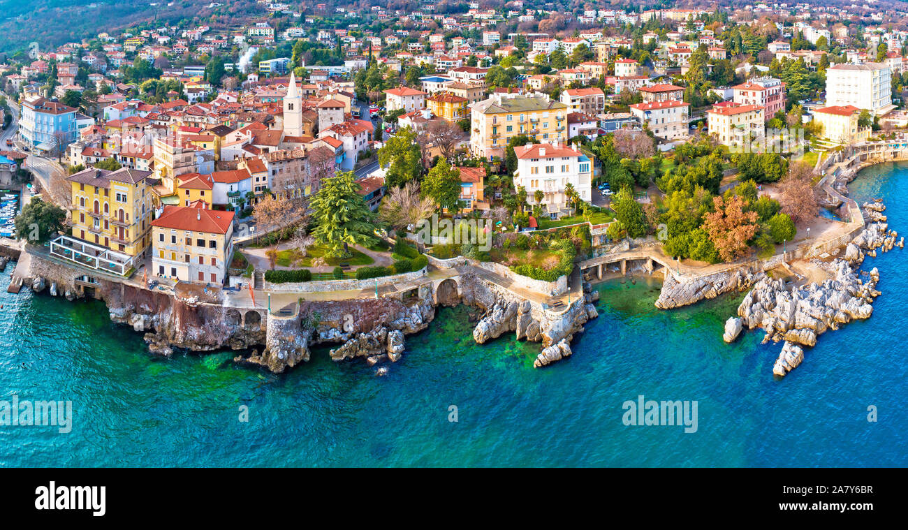 Town of Lovran and Lungomare sea walkway aerial panoramic view, Kvarner bay of Croatia Stock Photo
