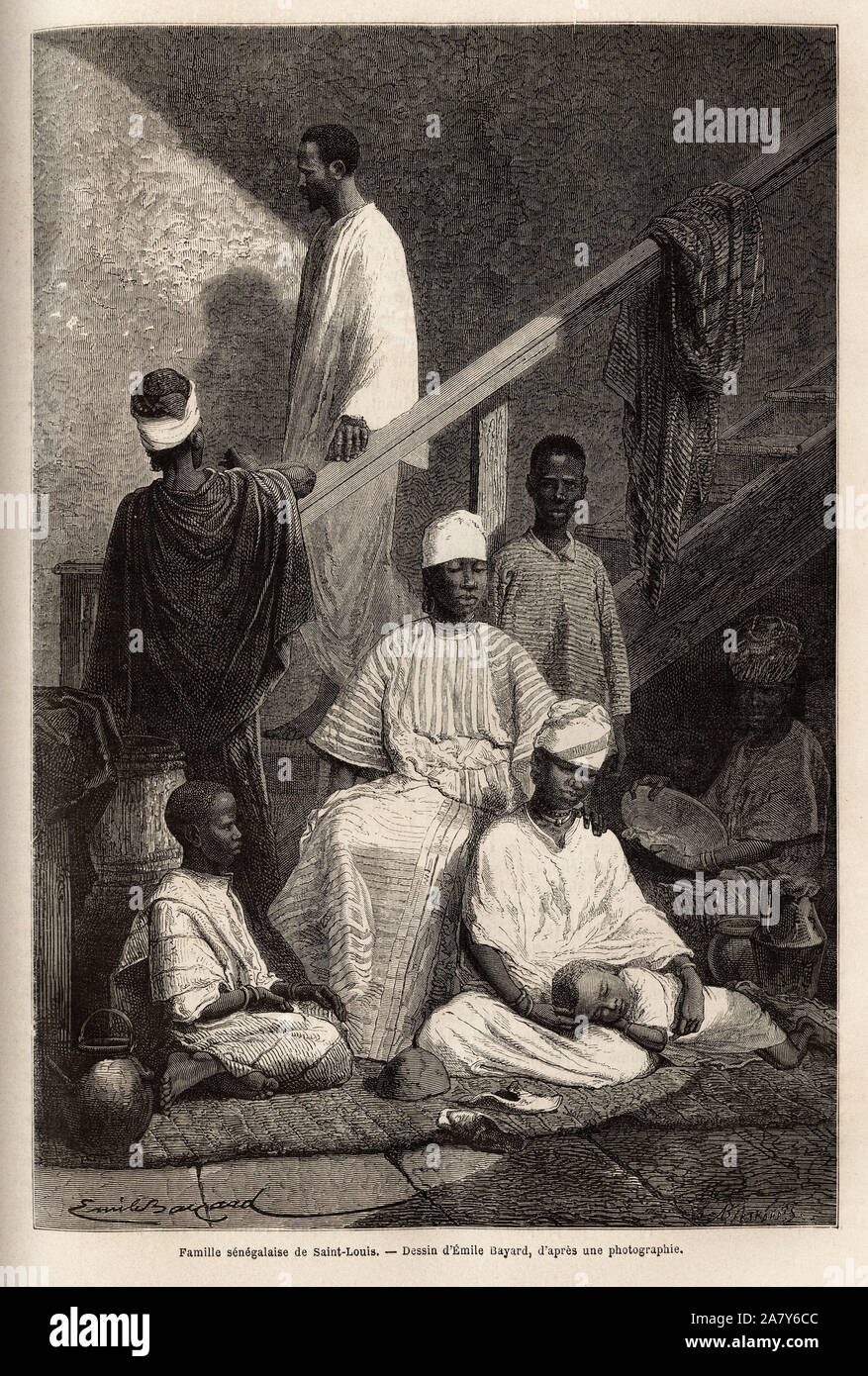 Une famille senegalaise de Saint-Louis ( Saint Louis). Gravure pour illustrer une croisiere a la cote d'Afrique, par le vice-amiral Fleuriot de Langle Stock Photo