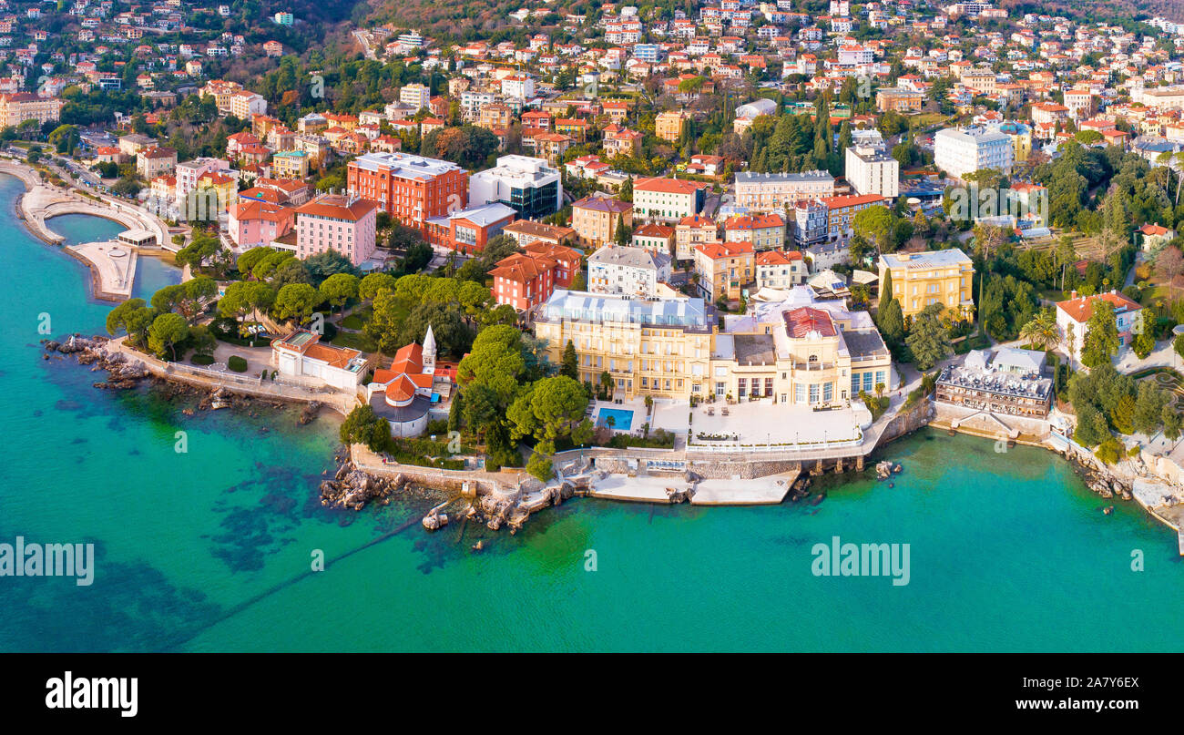 Town of Opatija and Lungomare sea walkway aerial panoramic view, Kvarner bay of Croatia Stock Photo