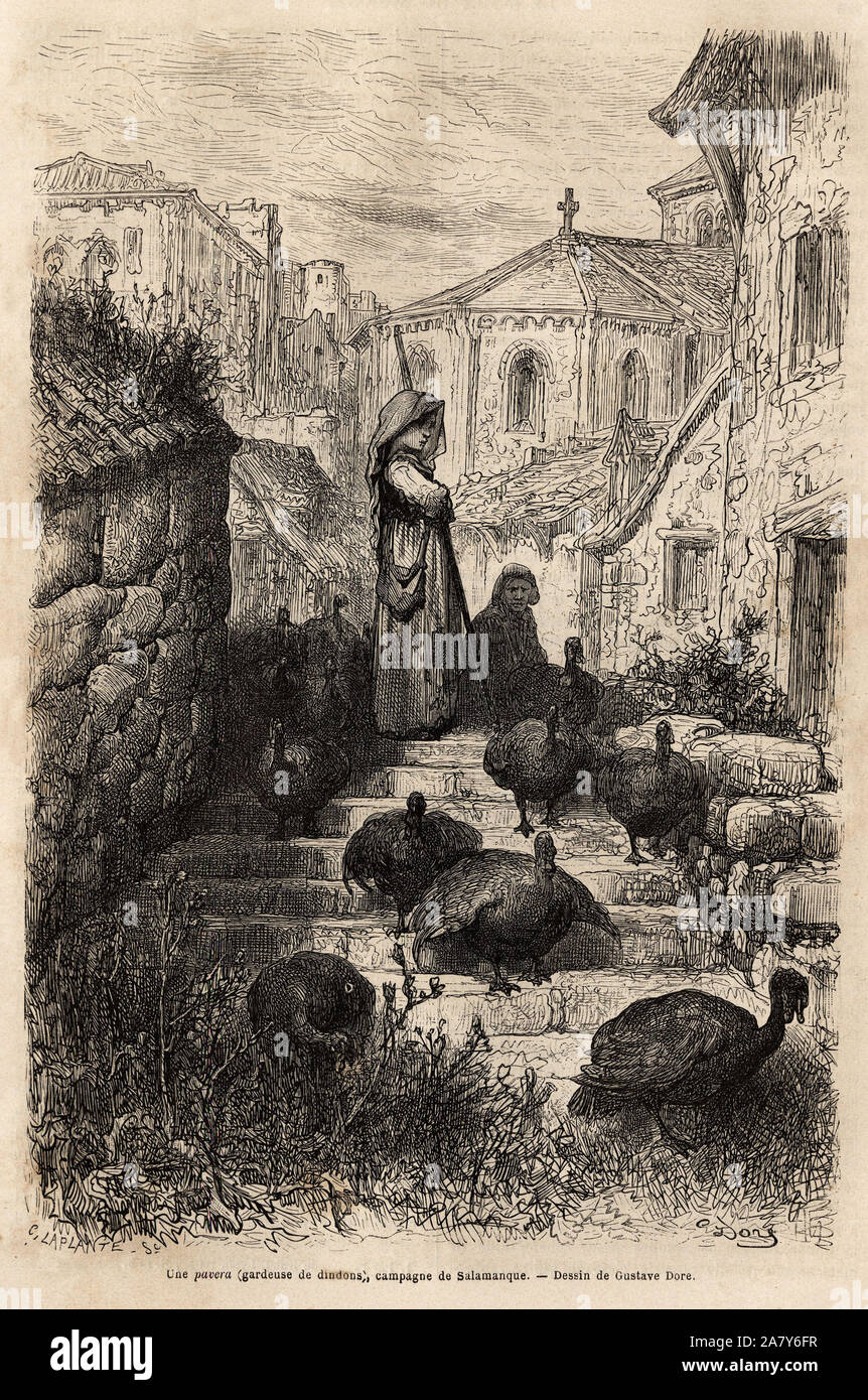 Une gardeuse de dindons, dans les rues d'un village de la campagne de Salamanque. Dessin de Gustave Dore ( 1832-1883). Gravure pour illustrer le voyag Stock Photo