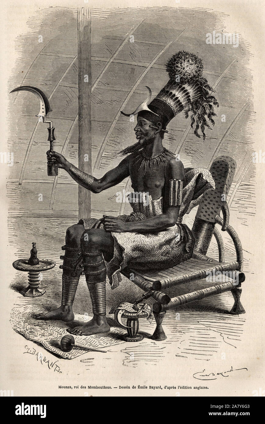 Mounza, roi des Mombouttous ( tribu du Soudan), coiffe d'un chignon recouvert d'un haut bonnet cylindrique orne de plumes de perroquet, une plaque de Stock Photo