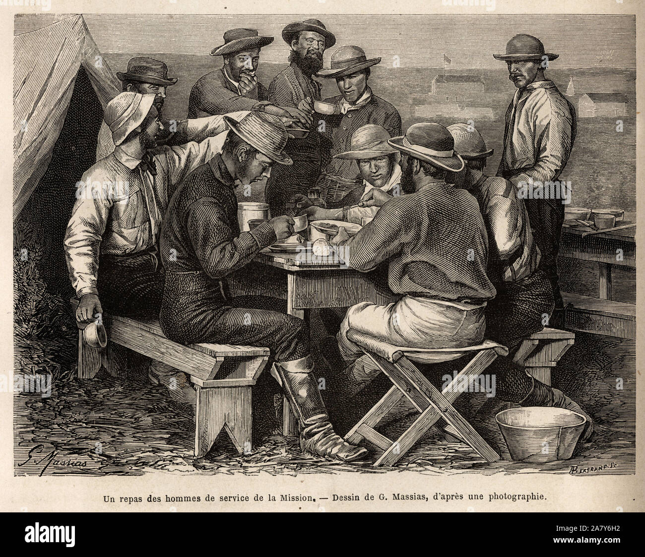 Un Repas Des Hommes De Service De La Mission De 1872 Sur Le Lieu De Camp Avant Les Premieres Reconnaissances De Terrain Gravure D Apres Le Dessin D Stock Photo Alamy