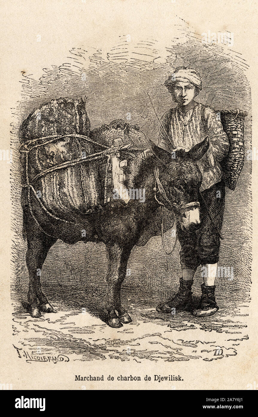 Un marchand de charbon, avec son ane, a Djewilisk ( Anatolie septentrionale), gravure d'apres un dessin du narrateur, illustrant un voyage dans le Laz Stock Photo