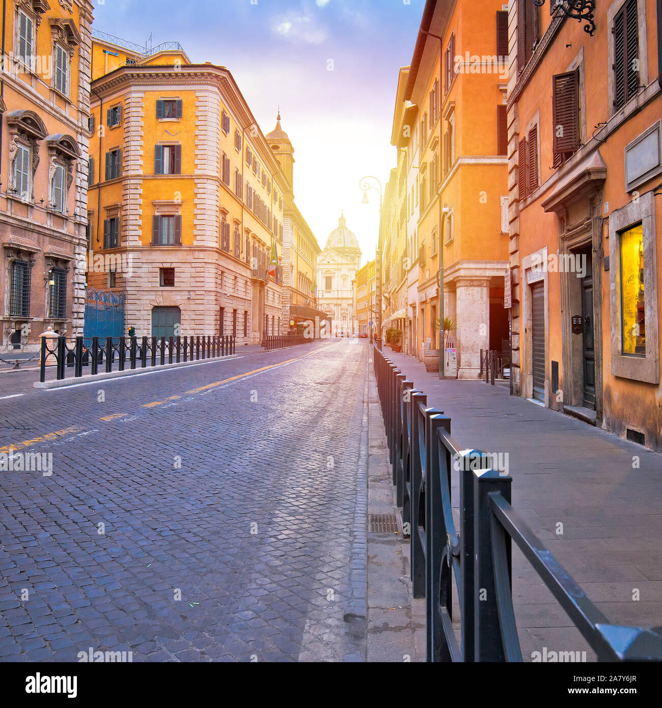 Colorful empty street of rome dawn view eternal city and capital of