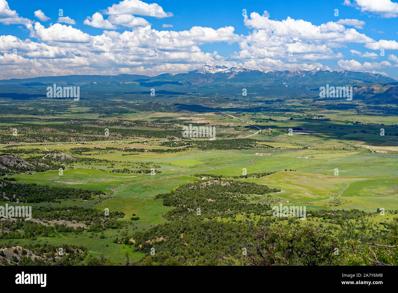 Overlooking the Montezuma valley towards the San Juan mountains from Mesa Verde National Park Stock Photo