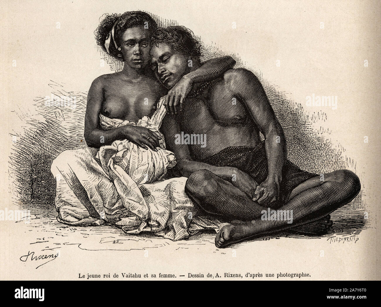 Le jeune roi de Vaitatu , dans l'ile Tauata, dans l'archipel des iles Marquises, s'abandonne aux bras de sa femme, gravure d'apres un dessin de A.Rixe Stock Photo