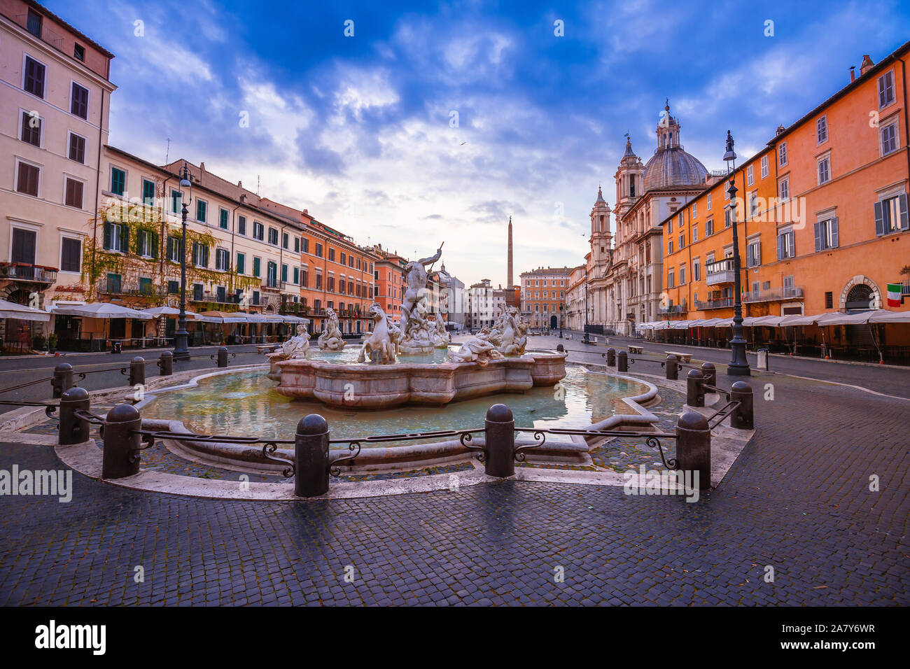 Rome. Piazza Navona square fountains and church dawn view in Rome