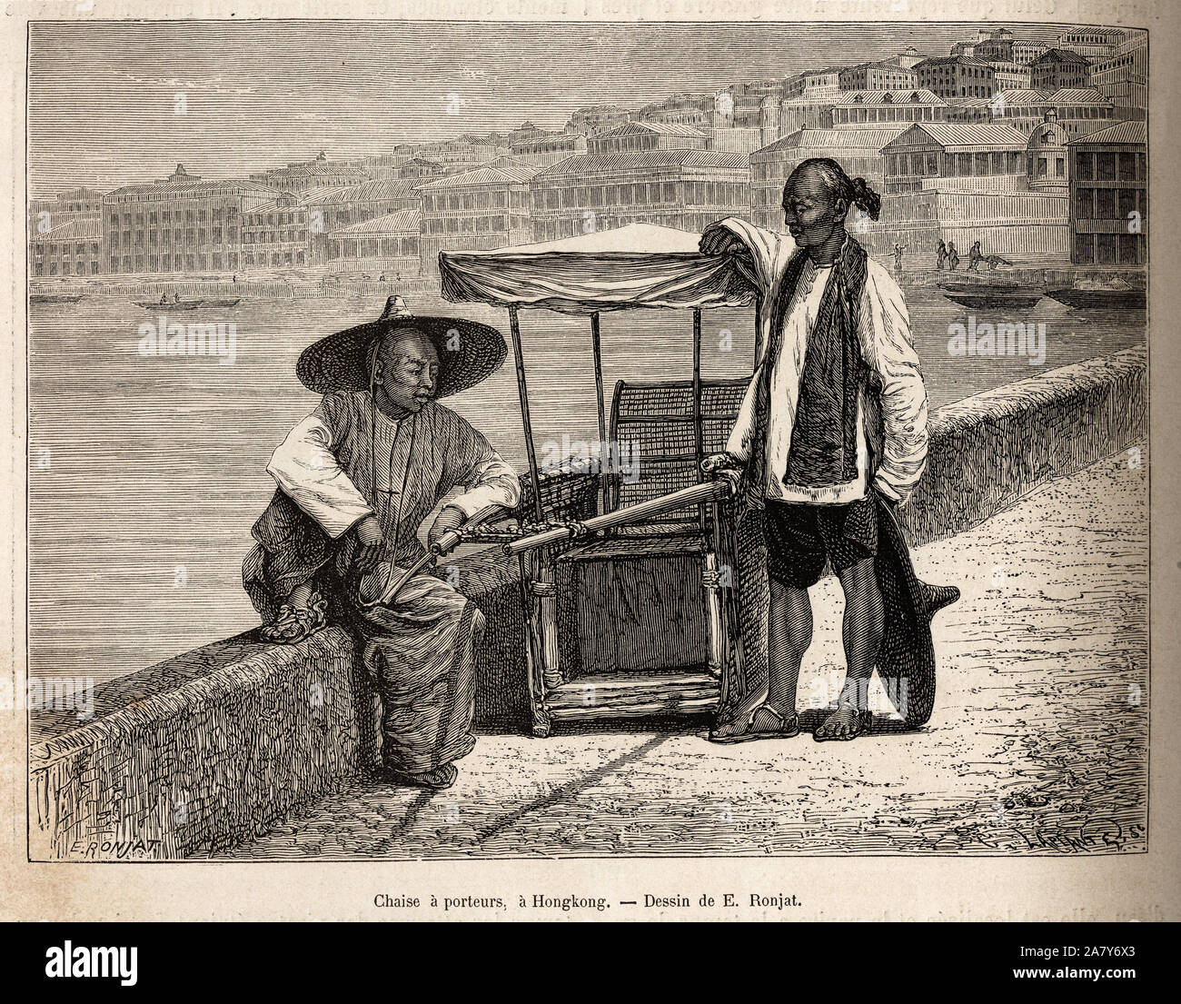 Deux porteurs au repos a cote de leur chaise a porteurs, a Hongkong, gravure d'apres un dessin de E. Ronjat illustrant le voyage en Chine, par J. Thom Stock Photo