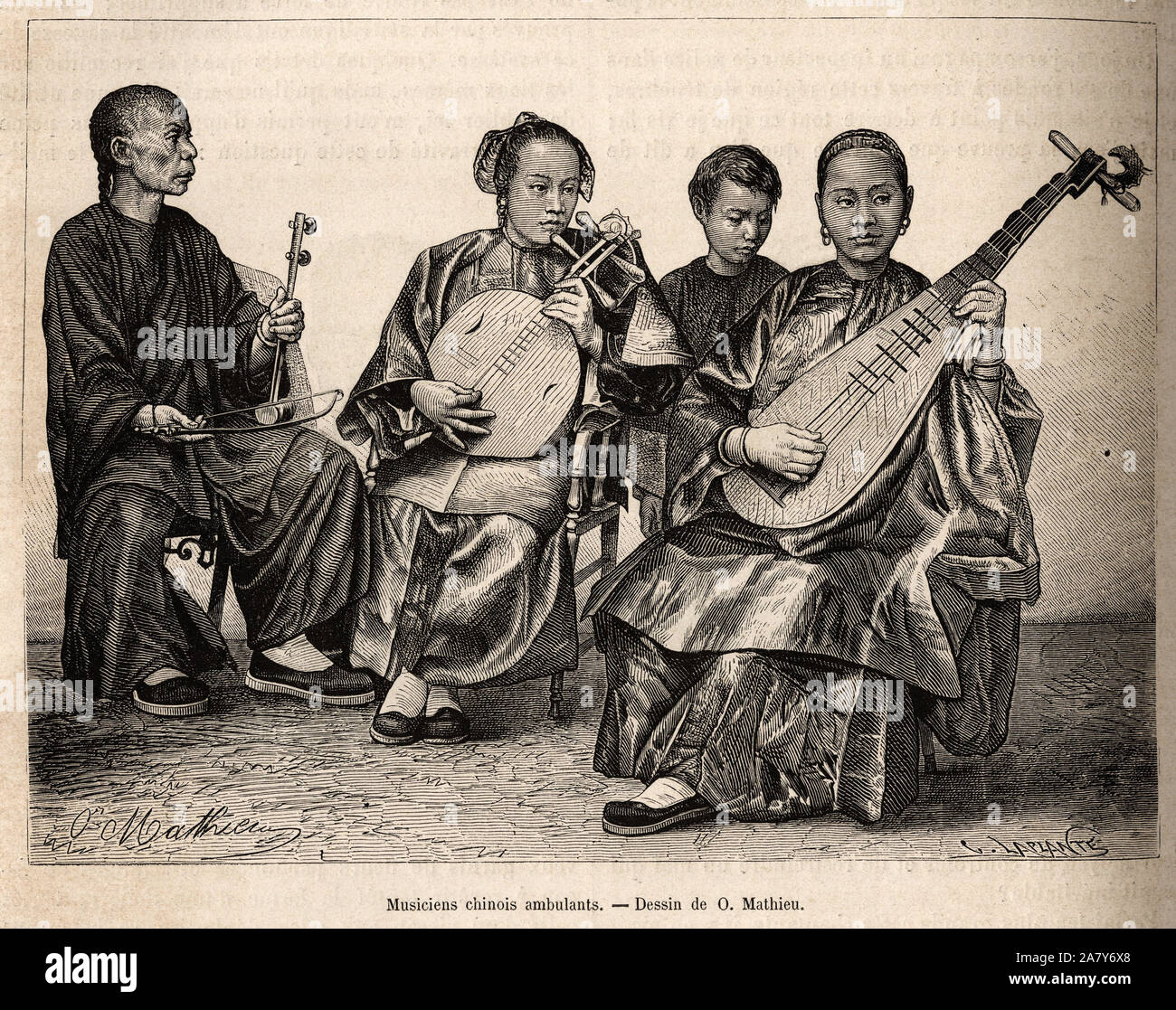 Une troupe de musiciens chinois ambulants, dans un cafe chantant de Tai Ping Shan, gravure d'apres un dessin de O.Mathieu, illustrant le voyage en Chi Stock Photo