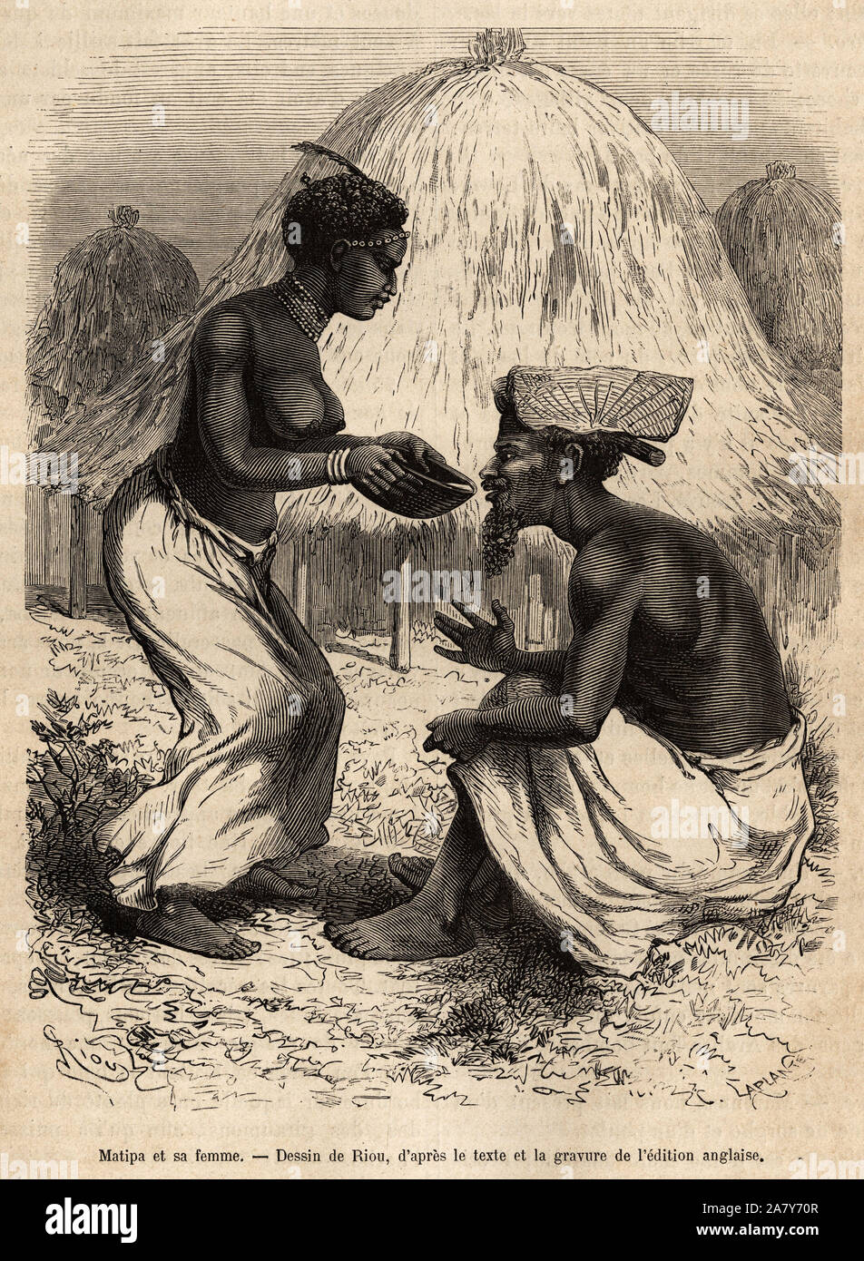 Matipa, un indigene qui fournit des pirogues a l'equipe de Livingstone, se fait servir a boire par sa femme, gravure d'apres un dessin de Riou, illust Stock Photo