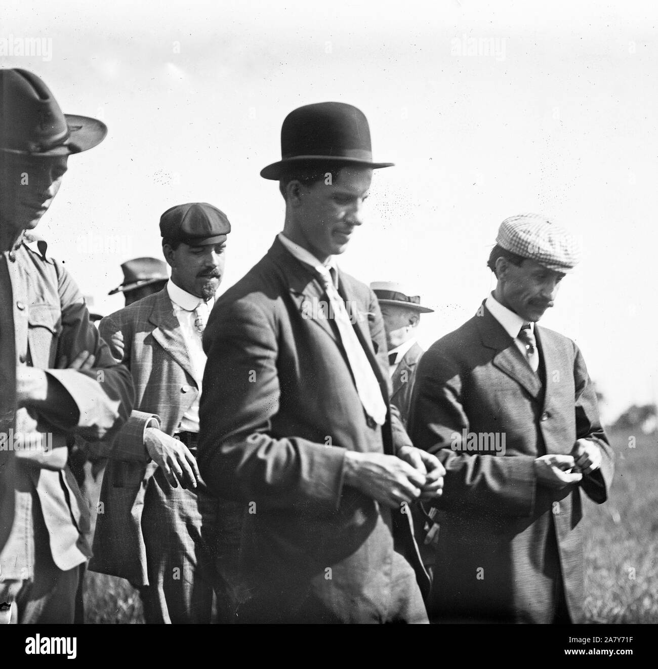 Orville Wright 1908 (man on right)   Wilbur probably next to him on left Stock Photo