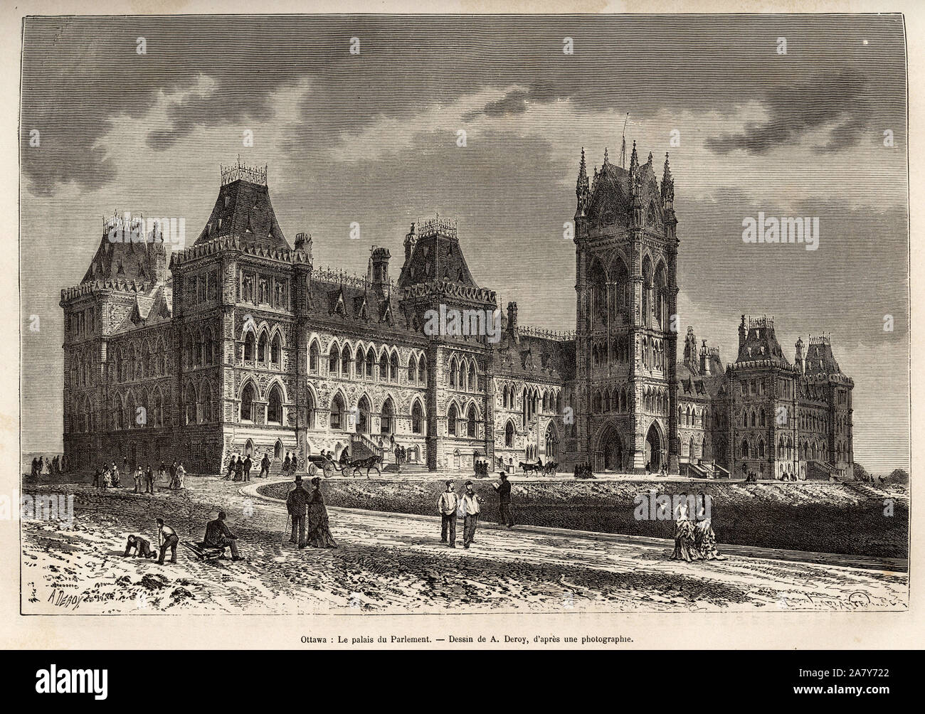 Le palais du parlement a Ottawa, construit entre 1859 et 1876, gravure d'apres un dessin de A.Deroy, illustrant l'excursion au Canada et a la riviere Stock Photo