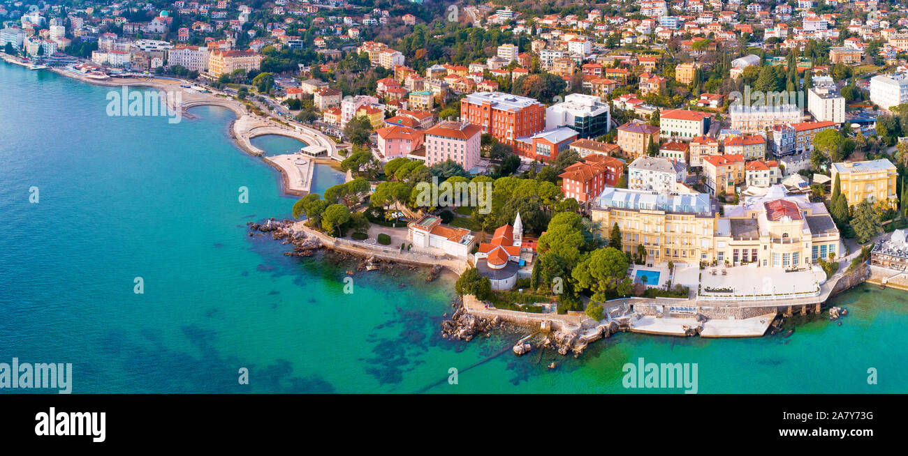 Town of Opatija and Lungomare sea walkway aerial panoramic view, Kvarner bay of Croatia Stock Photo