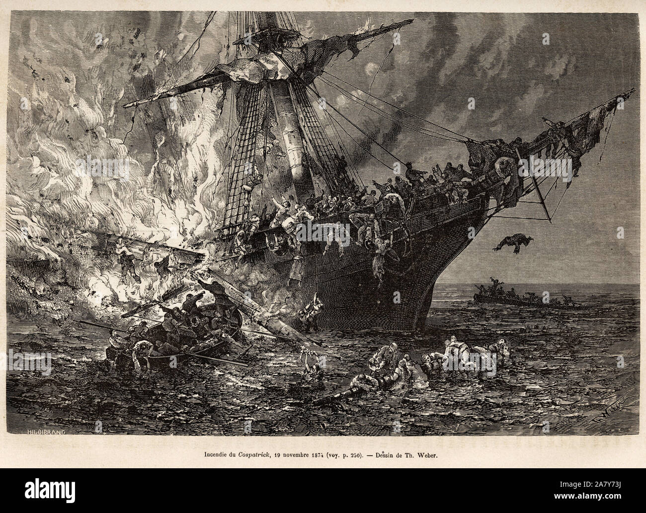 L'incendie du Cospatrick, navire britanique transportant plus de 400 emigrants pour la Nouvelle Zelande, le 19 novembre 1874, gravure d'apres un dessi Stock Photo