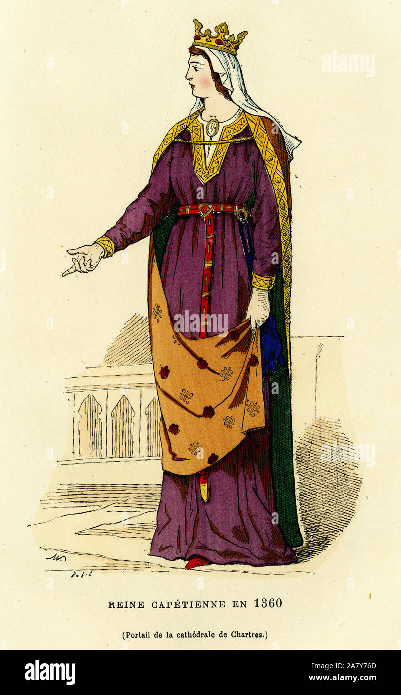 Costume d'une reine capetienne en 1360, portant une couronne d'or, sur un  voile leger qui cache partiellement sa coiffure lissee, portant une  chlamyde Stock Photo - Alamy