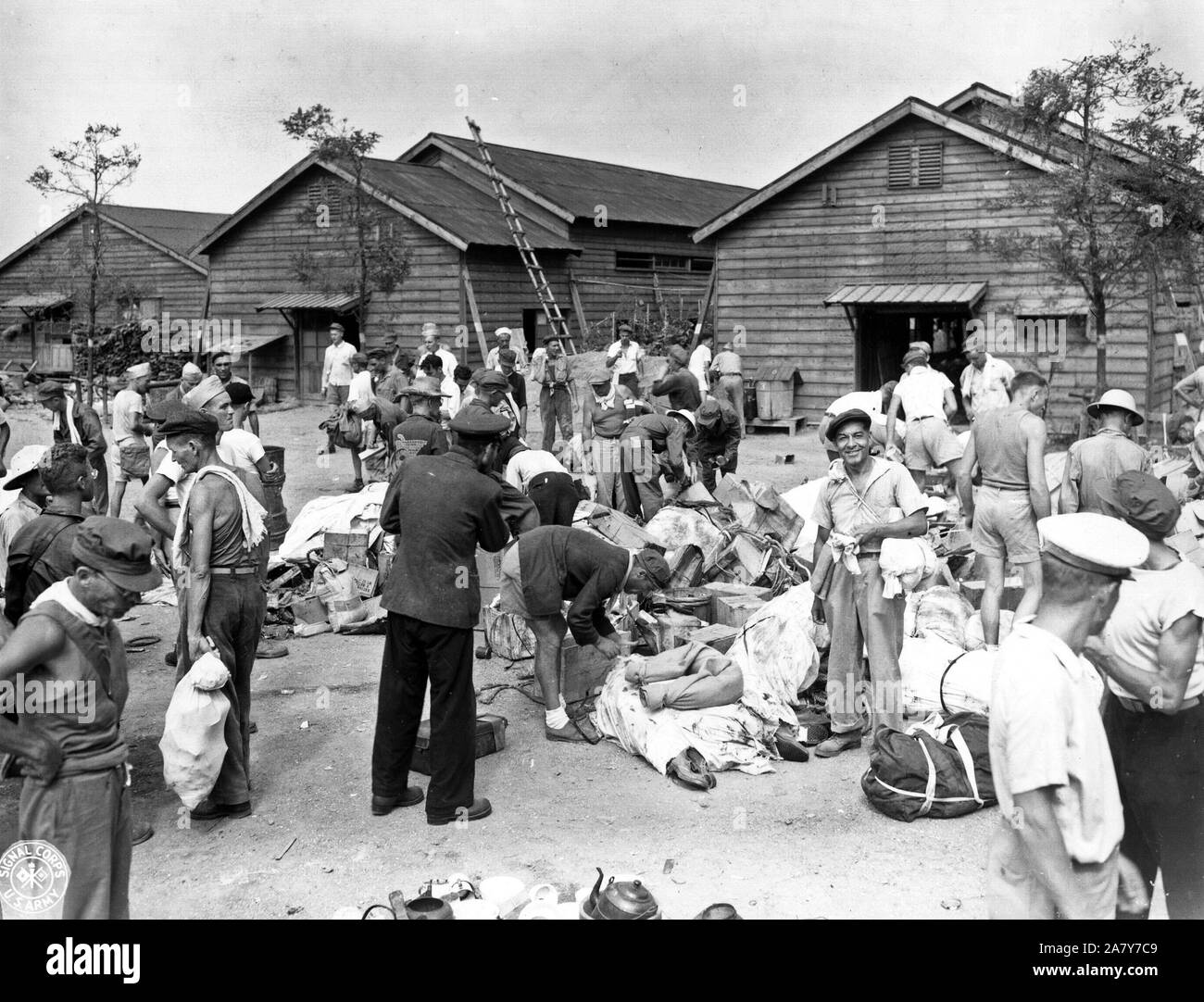 Prisoners of all nationialities of the alllied forces were interred at Omori POW camp near Tokyo. Food and clothes were air dropped to newly freed priosners. Stock Photo