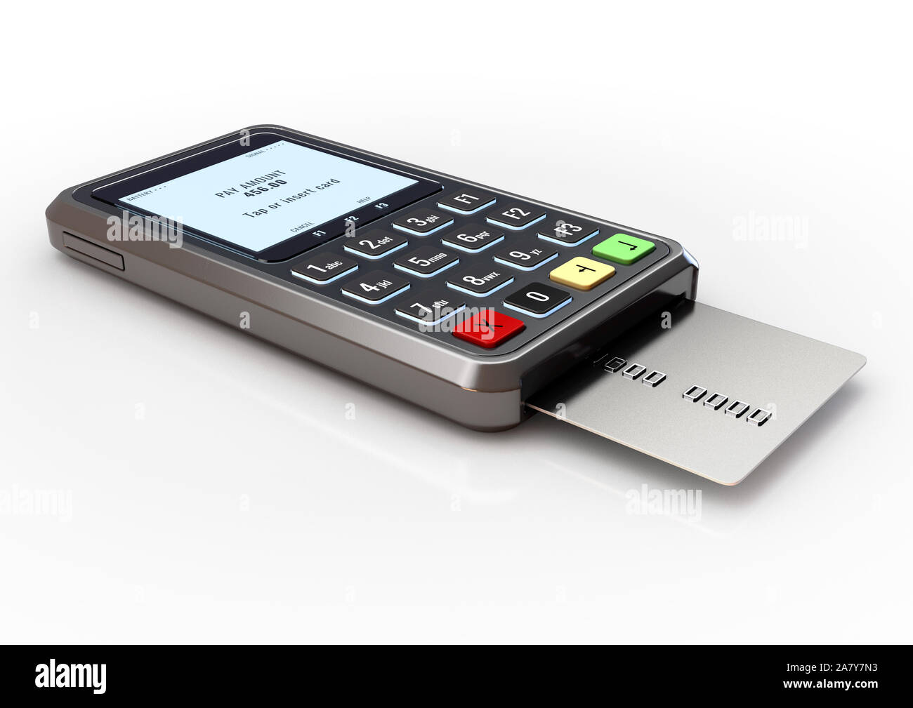 A portable handheld debit card machine with a bank card inserted into it and transacting on an isolated white studio background - 3D render Stock Photo