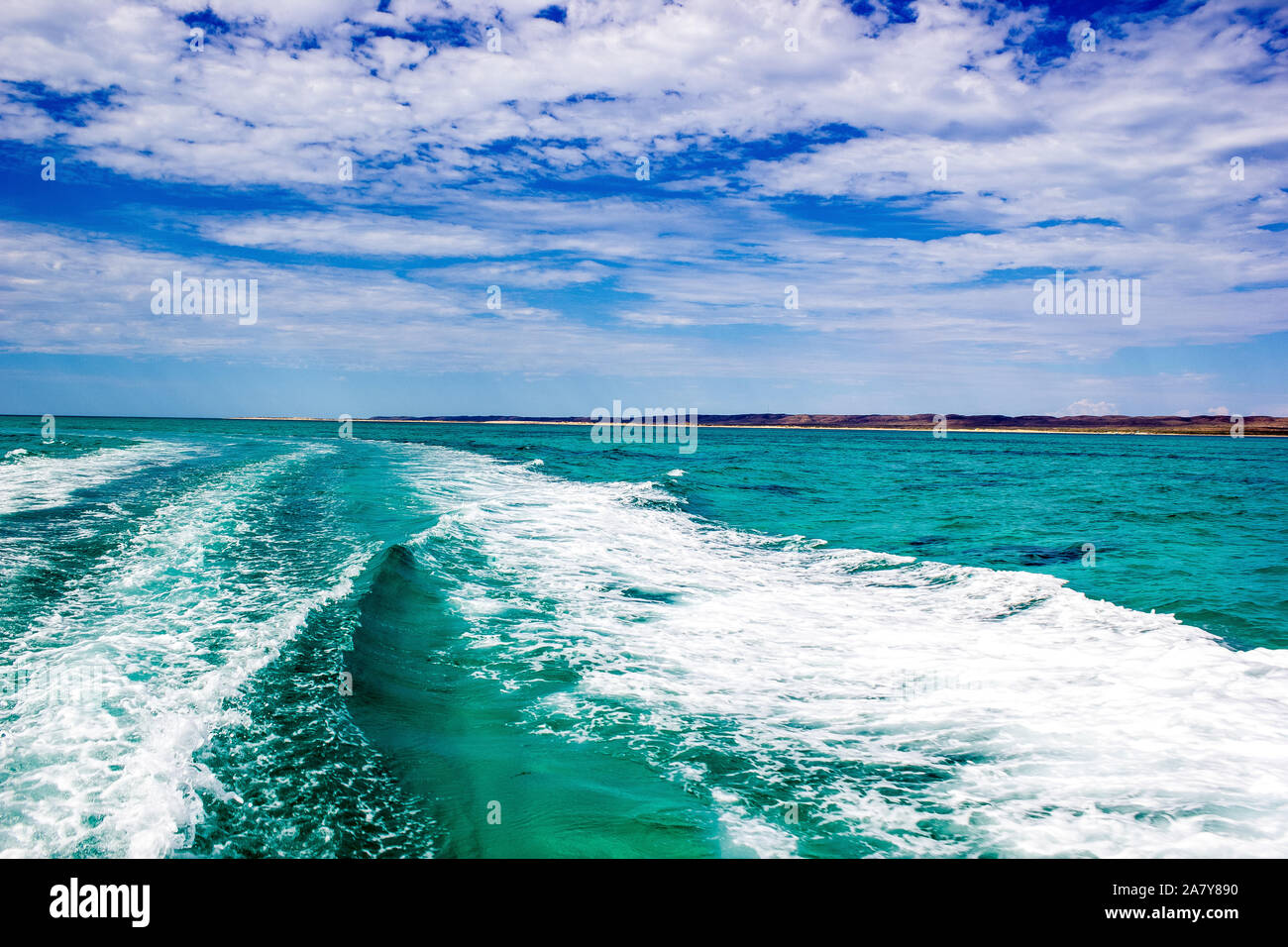 Trail on water surface behind of fast moving motor boat, Western ...