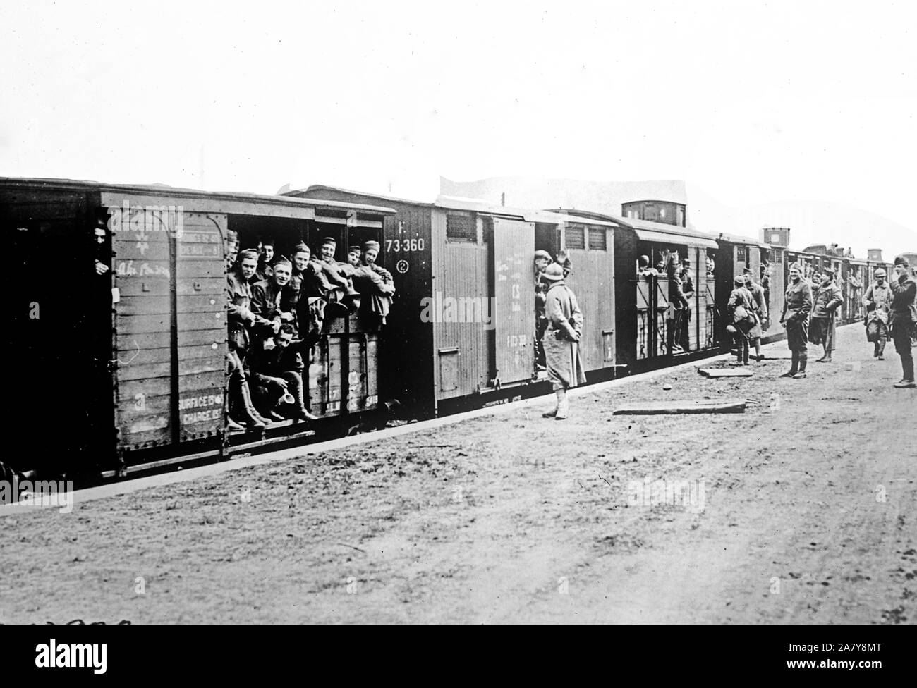 American soldiers of the Twenty Sixth Infantry in freight train car ...