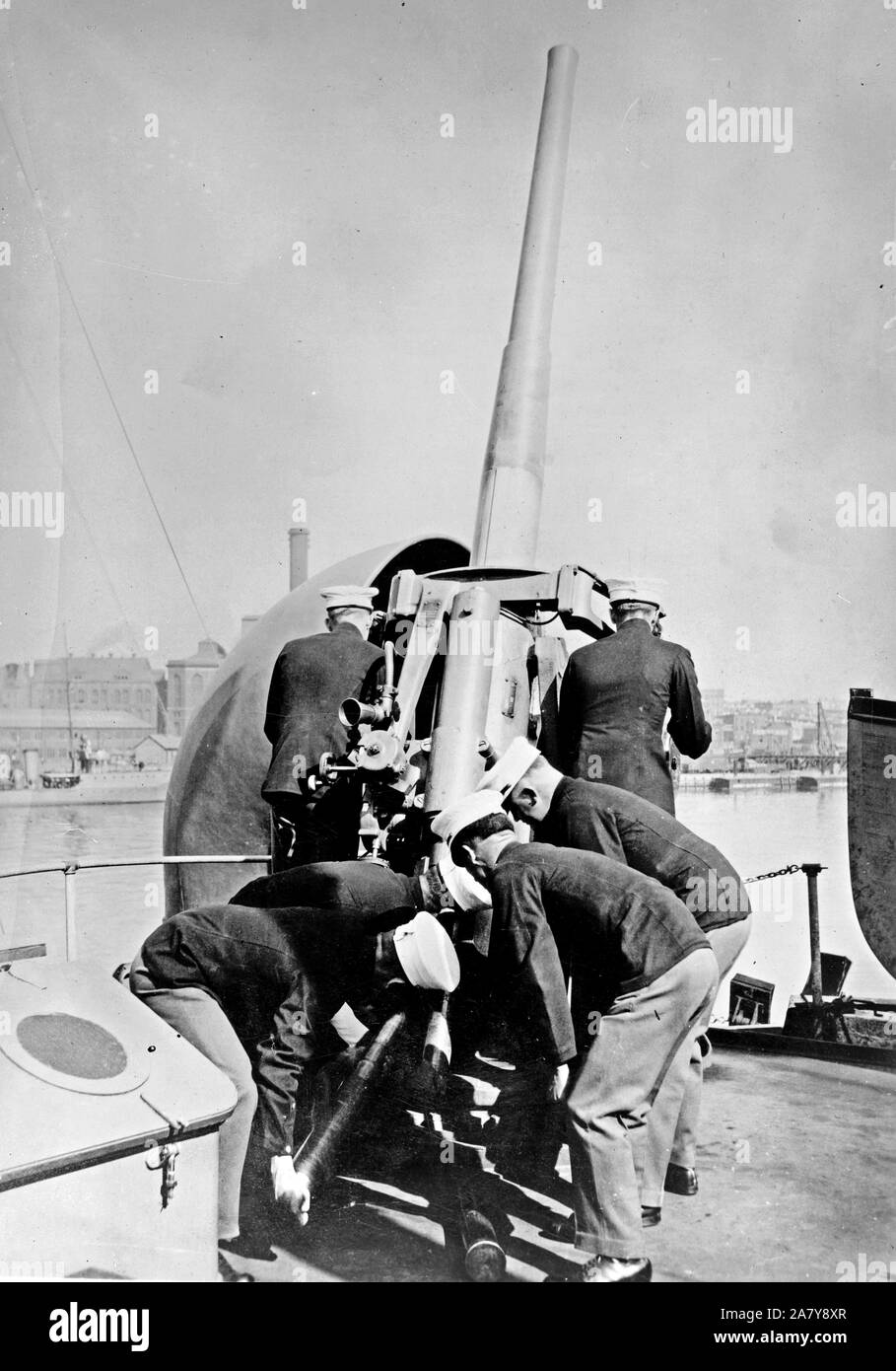 Photograph shows U.S. Marines using an antiaircraft gun during World War I. Stock Photo