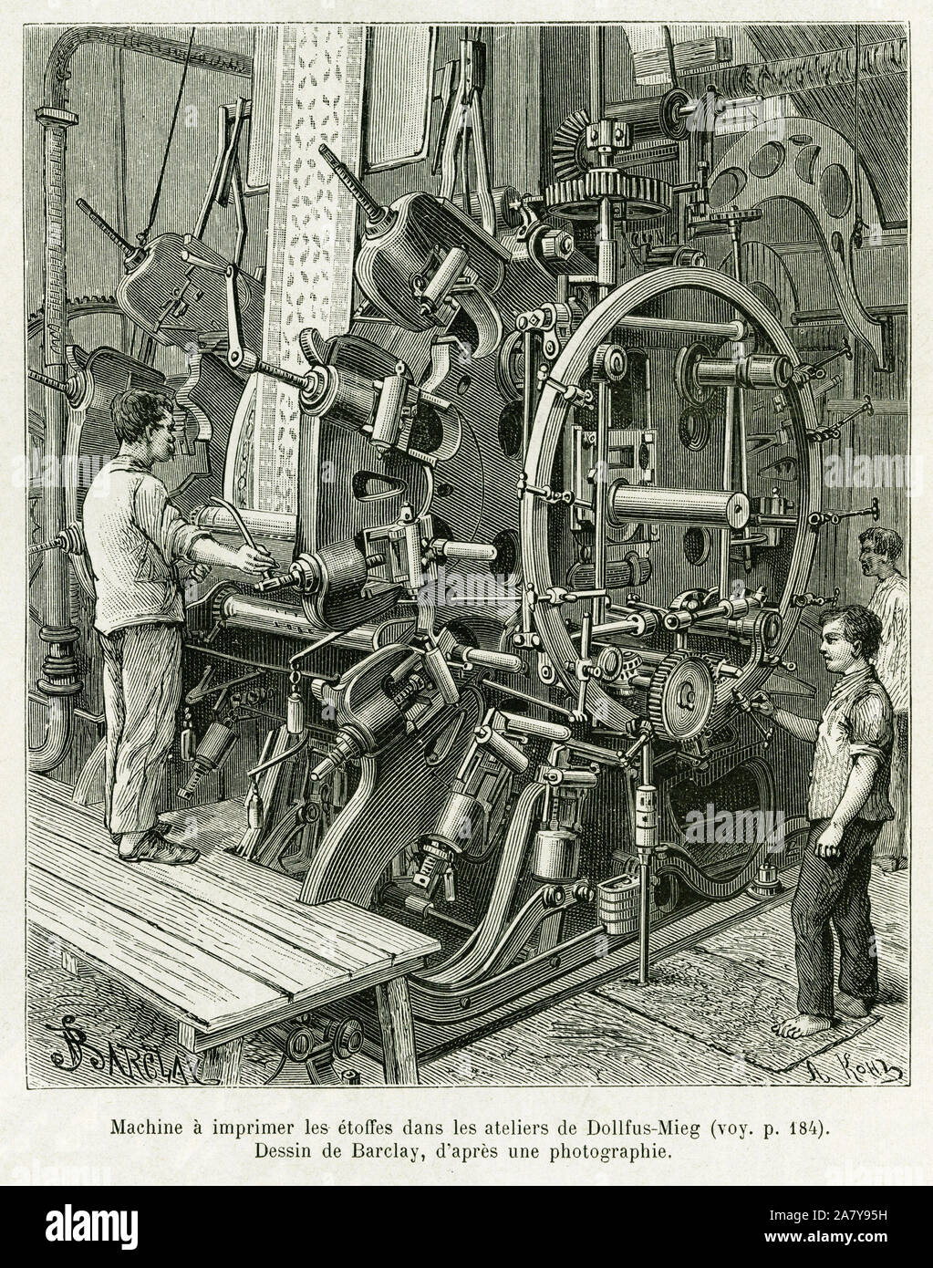 Machine a imprimer les etoffes dans les ateliers Dollfus Mieg. Gravure de Barclay pour illustrer le recit A travers l'Alsace et la Lorraine, par Charl Stock Photo