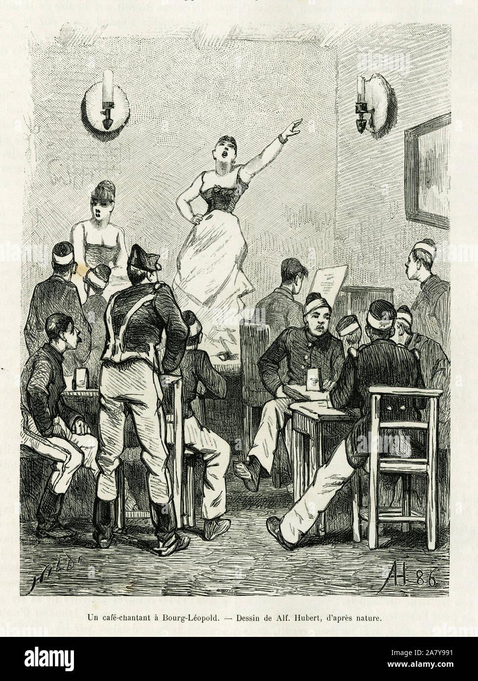 Un cafe chantant a Bourg Leopold. Gravure de  A.Hubert pour illustrer le recit La Belgique, par Camille Lemonnier, in le tour du monde 1886, sous la d Stock Photo