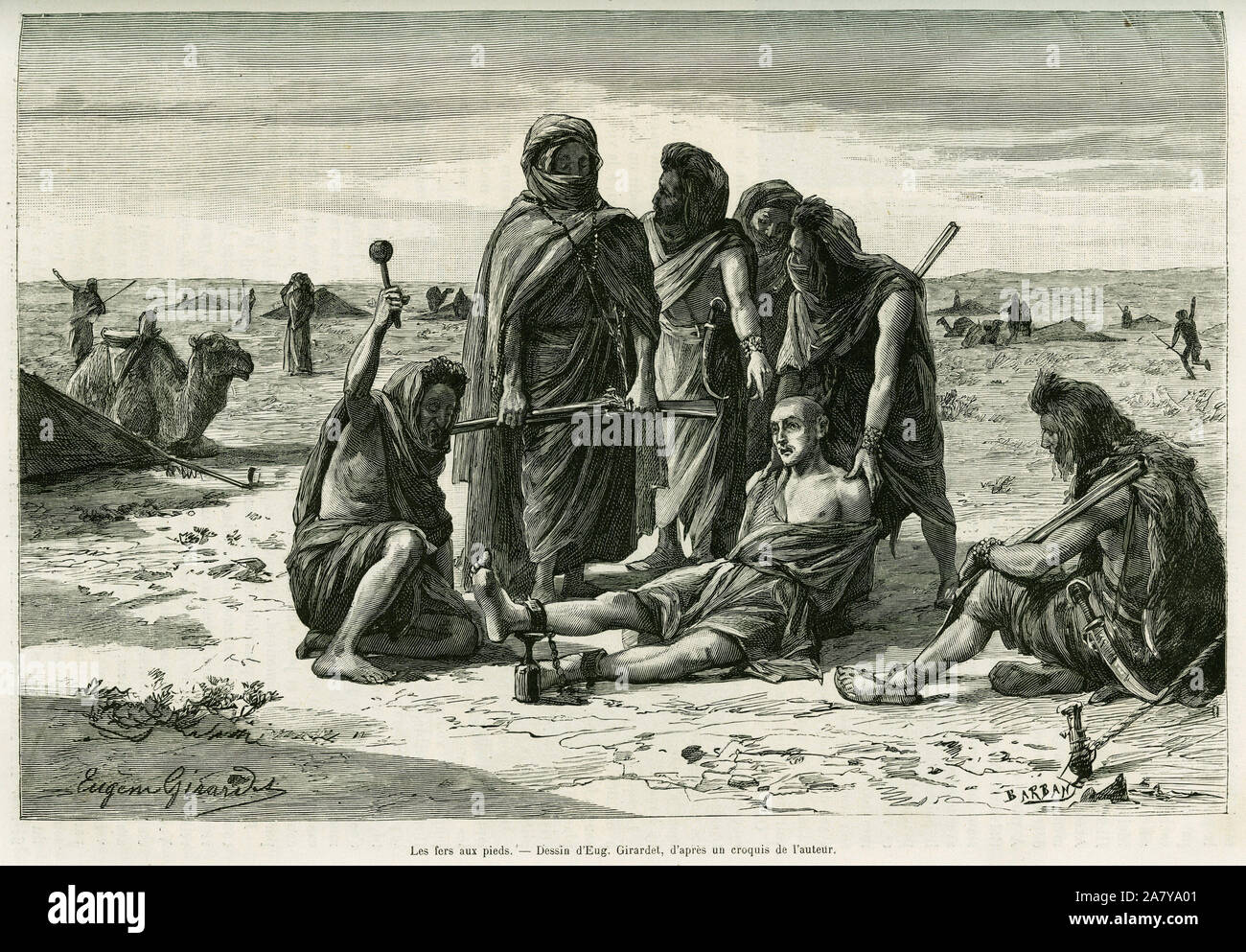 Les fers aux pieds . Gravure de Eugene Girardet, pour illustrer le recit Cinq mois chez les maures nomades du Sahara occidental, en 1887, par Camille Stock Photo