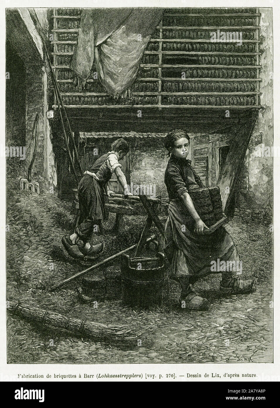 Travail des enfants a la fabrication de briquettes, a Barr. Gravure de Lix, pour illustrer le recit A travers l'Alsace et la Lorraine, en 1887, par Ch Stock Photo