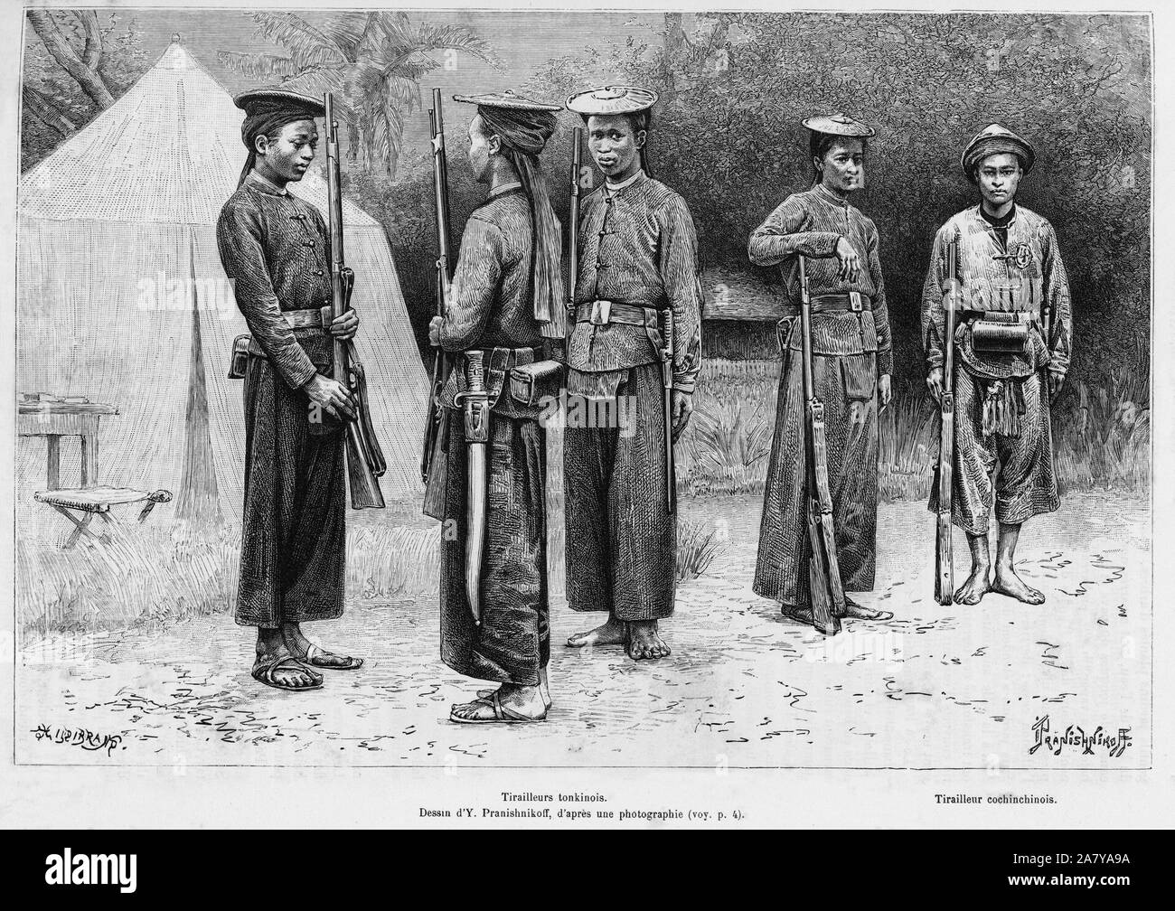 Tirailleurs tonkinois. Gravure de Y.Pranishnikoff, d'apres une photographie, pour illustrer le recit Trente mois au Tonkin en 1884, par le docteur Hoc Stock Photo