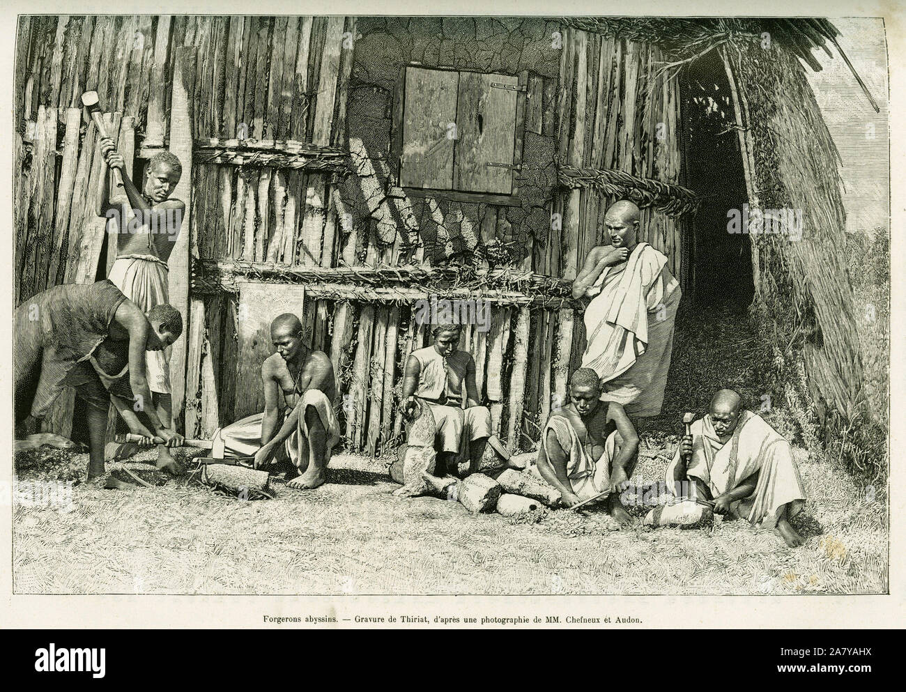 Forgerons abyssins. Gravure de Thiriat, d'apres une photographie , pour illustrer le recit Voyage au Choa ( Abyssinie meridionale), en 1884-1888, par Stock Photo