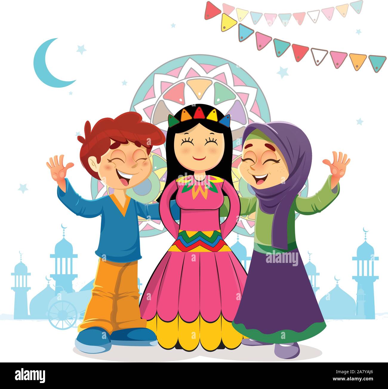 Traditional Vector Islamic Greeting Card of Two Kids and Mawlid Bride Celebrating, Concept: Prophet Muhammad Bithday Stock Vector