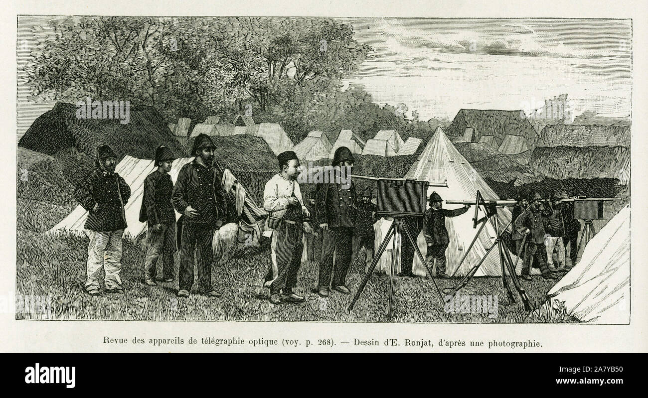 Revue des appareils de telegraphie optique. Gravure de E.Ronjat, pour illustrer le recit Trente mois au Tonkin, en 1884, par le docteur paul Hocquard, Stock Photo