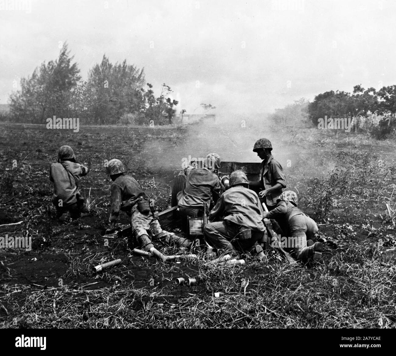 Marines on Saipan fire 37mm Artilerly piece Stock Photo