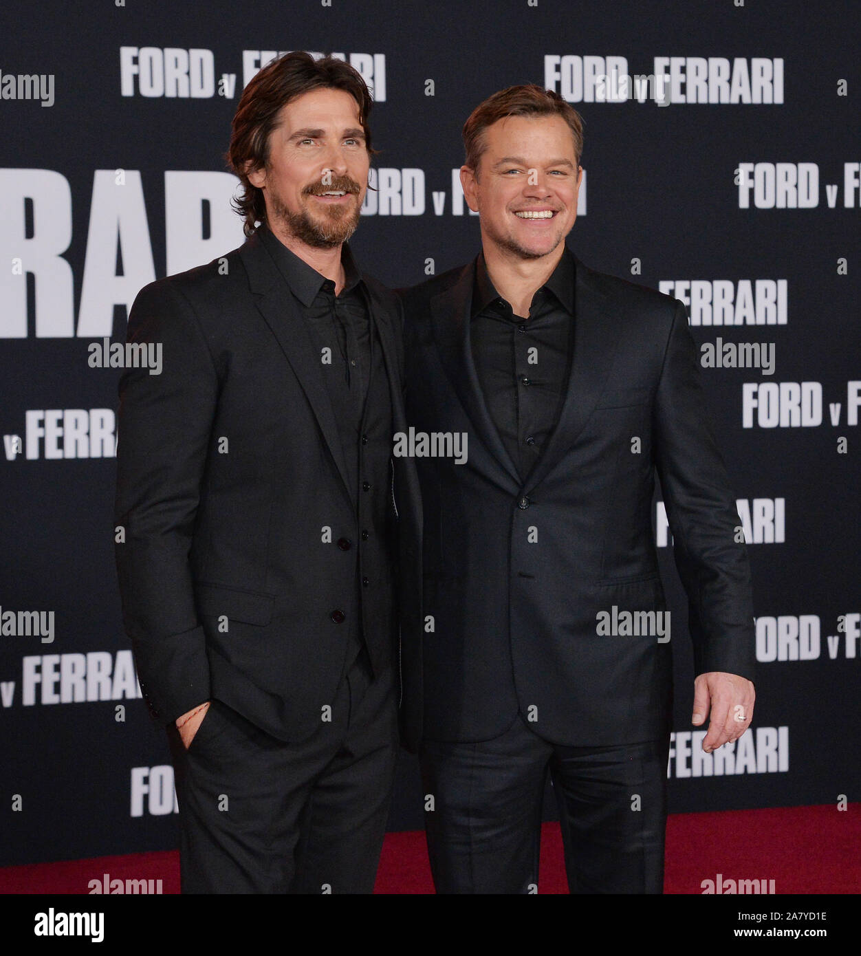 Los Angeles, USA. 4th Nov 2019. Cast members Christian Bale (L) and Matt  Damon attend the premiere of the motion picture biographical sports drama "Ford  v Ferrari" at the TCL Chinese Theatre