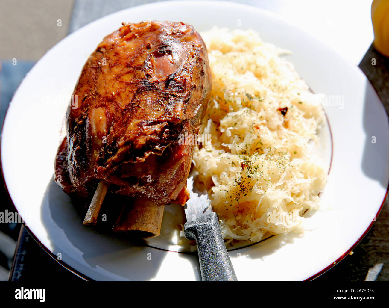 Pork Hock and sauerkraut, Munster, Haut-Rhin, Alsace, France, Europe Stock Photo