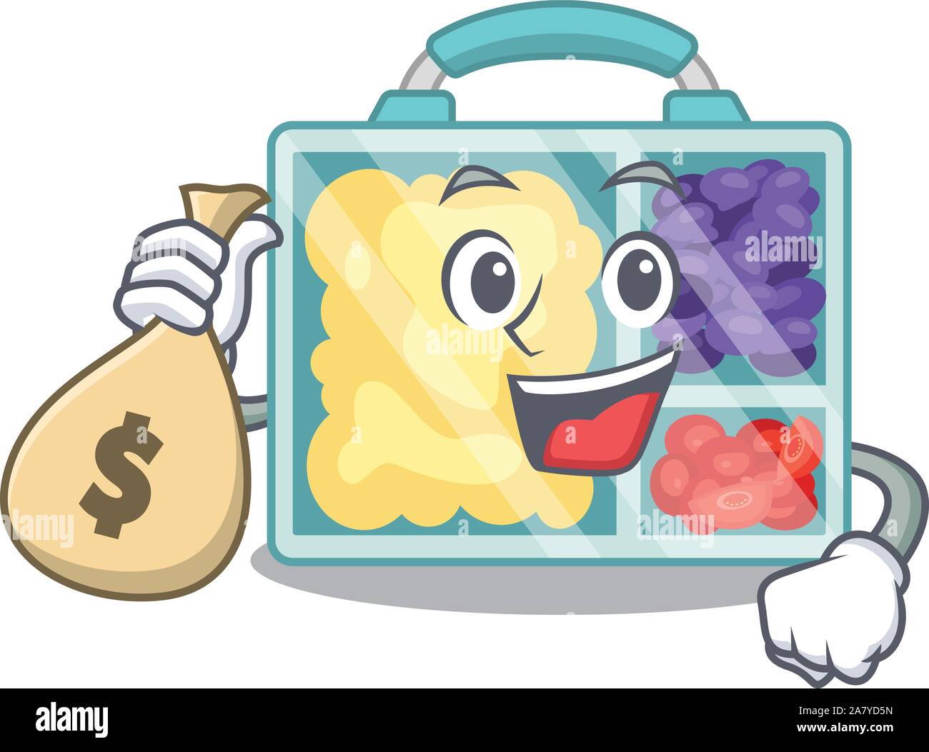 lunch box cartoon holding money bag with the character Stock Vector