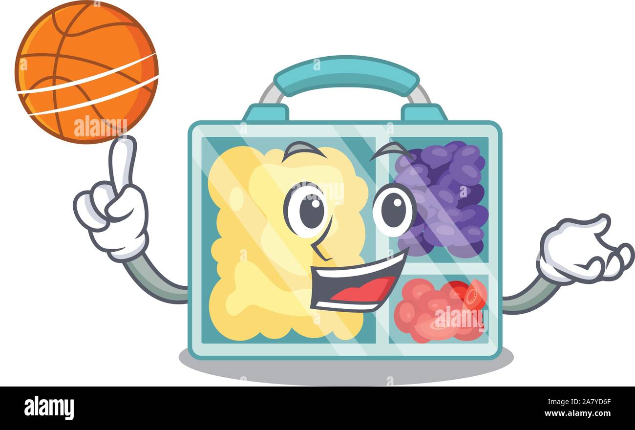 lunch box cartoon with the character holding basketball Stock Vector