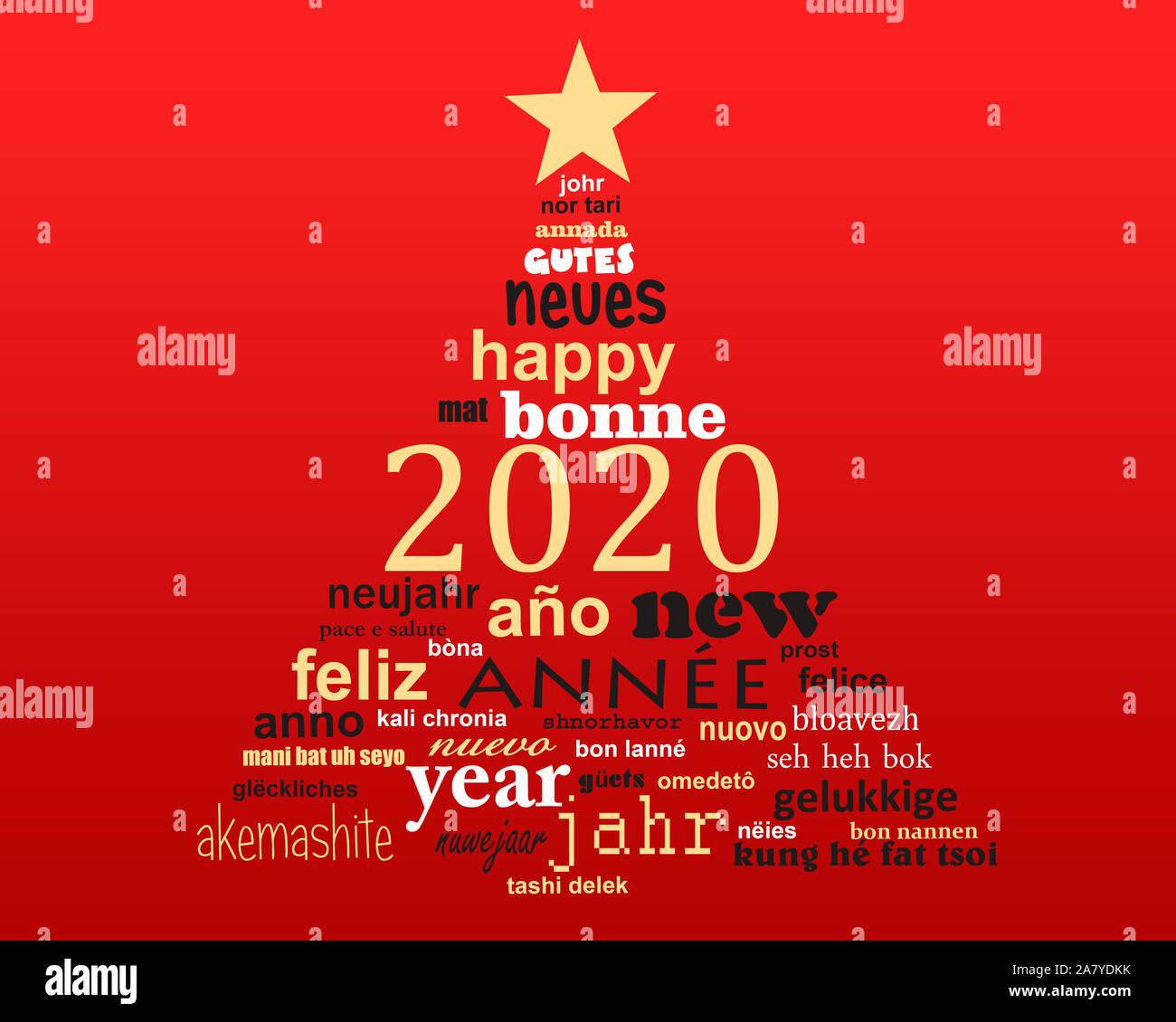 2020 new year multilingual golden text word cloud greeting card in the shape of a christmas tree Stock Photo