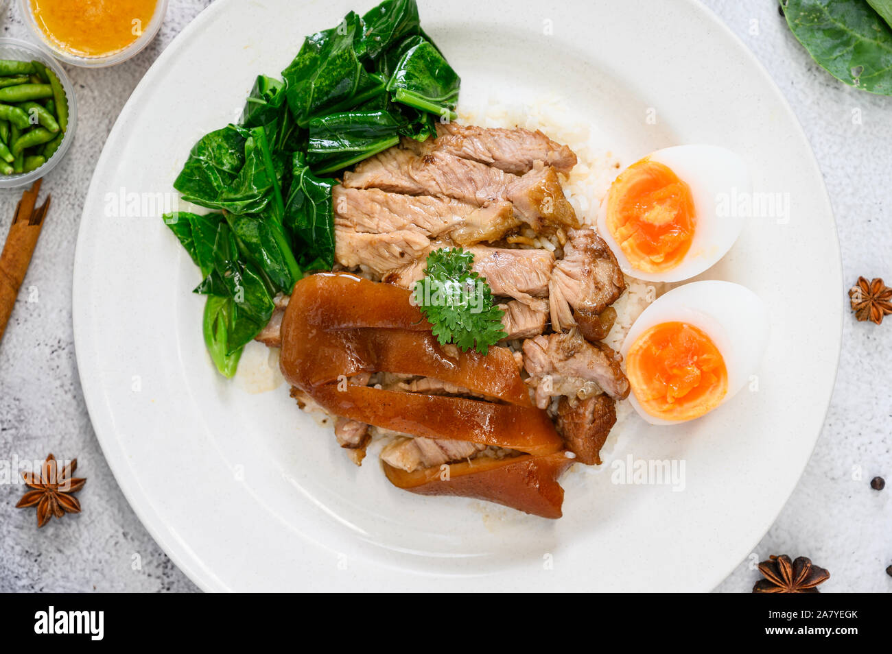 Pork Leg Rice. Pork knuckle rice Thailand. Pork Leg Stew with Rice