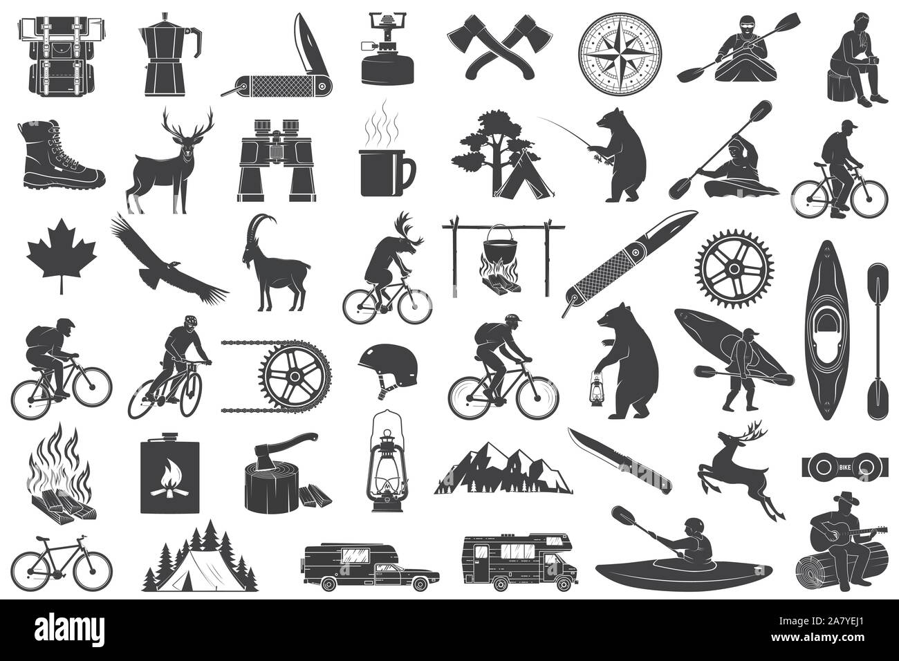 Set of Hiking and Camping icons isolated on the white background. Vector. Set include fishing bear, mountains, knife, tent, cup, coffee, goat, gas stove, water sports equipment, forest silhouette Stock Vector