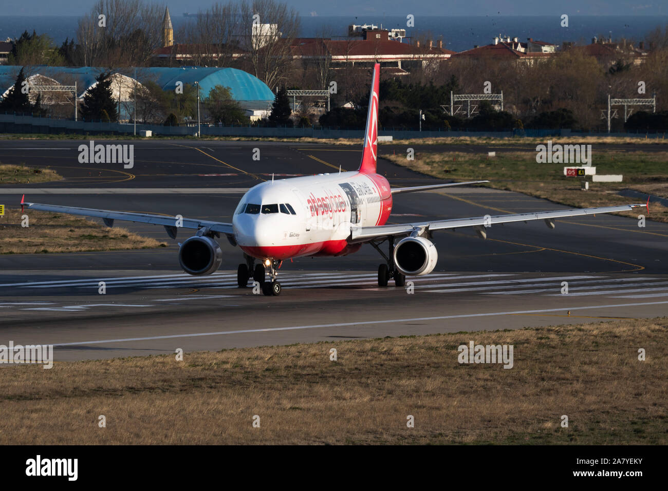 Istanbul / Turkey - March 28, 2019: AtlasGlobal special sticker Airbus A321 TC-AGI passenger plane departure at Istanbul Ataturk Airport Stock Photo