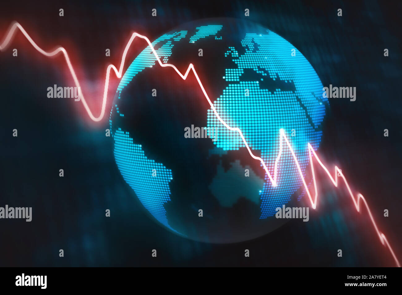 Illustrated concept wth a glowing red line graph decreasing at a fast rate with an abstract globe background Stock Photo